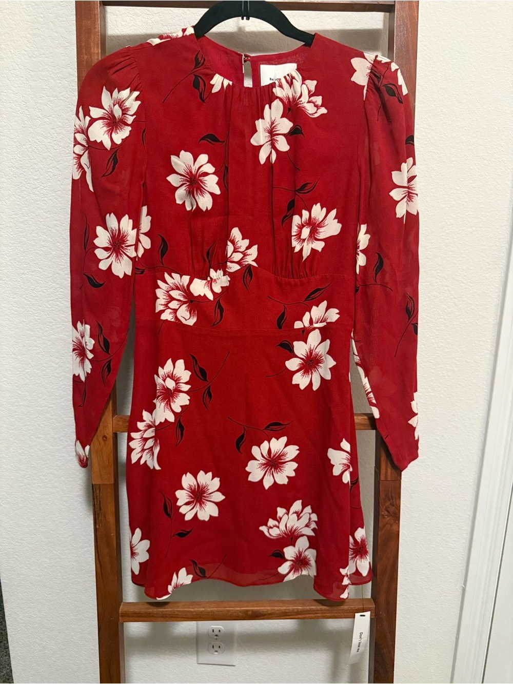 Reformation Laken Freddie Red and White Floral Long Sleeve Mini Dress Size 2 NWT